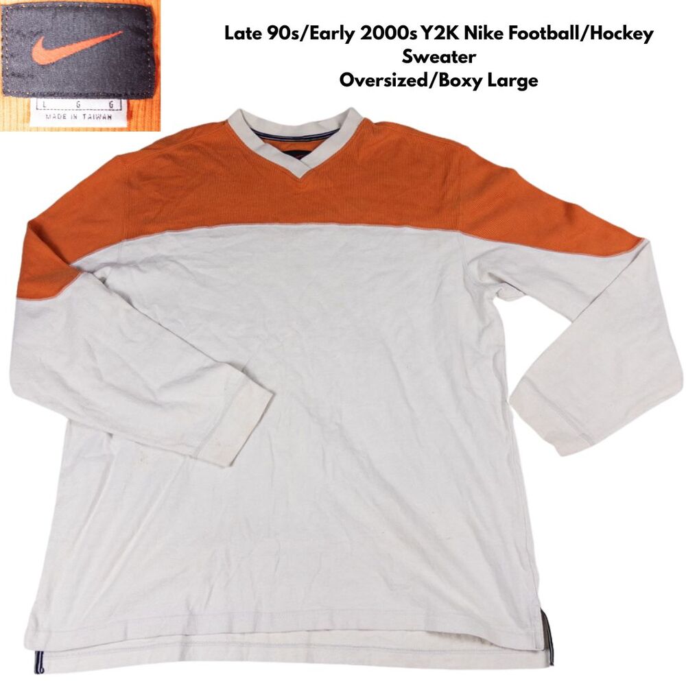 Vintage Y2K Nike Large V-Neck Long Sleeve Pullover Orange White Streetwear Shirt
